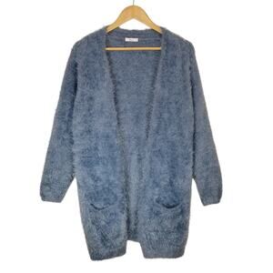 Miss Etam Women's Open Front Eyelash Long Cardigan Soft Blue Size XL